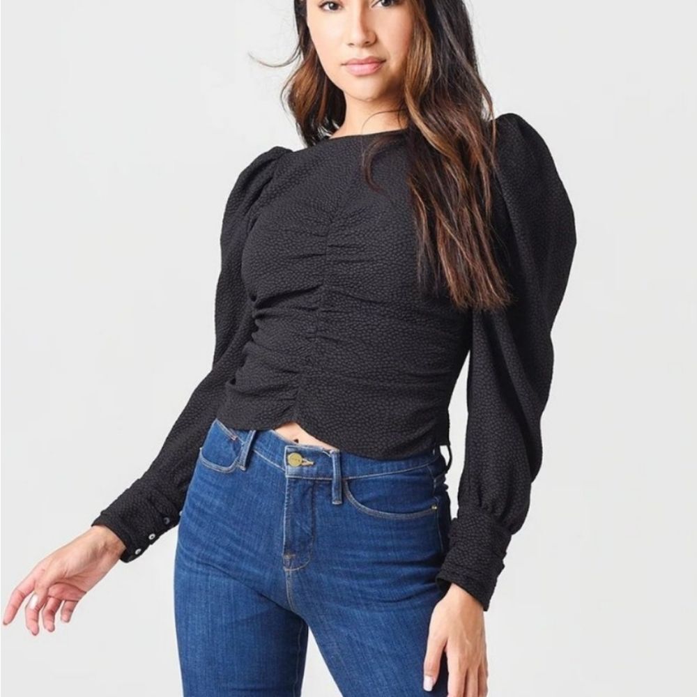 ASTR Women's Magdalene Ruched Front Long Puff Sleeve Blouse Top Size XS